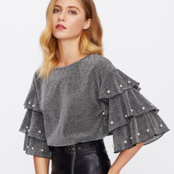 SHEIN | Gunmetal Metallic Silver Pearl Tiered Sleeve Blouse Sz XS - Picture 1 of 9